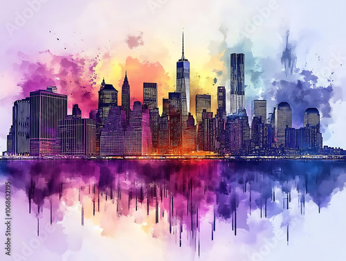 vibrant city skyline illustration featuring colorful watercolor effects, showcasing tall buildings and reflections in water. artwork captures essence of urban life and creativity