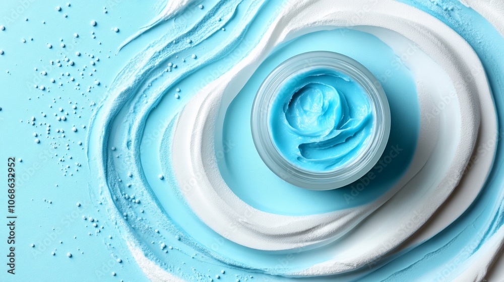A top view of a blue cream jar in a swirl of white cream on a light blue background. A top view of a blue cream jar in a swirl of white cream on a light blue background.