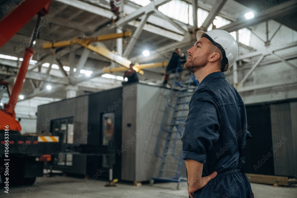 Male worker is in the modern warehouse or manufacturing company