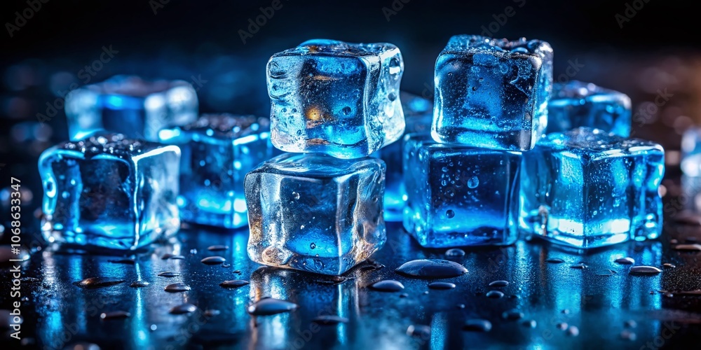 Stunning Night Photography of Close-Up Blue Ice Cubes Against a Dark Background, Highlighting Texture, Reflections, and Vibrant Colors for Creative Visuals Stunning Night Photography of Close-Up Blue Ice Cubes Against a Dark Background, Highlighting Texture, Reflections, and Vibrant Colors for Creative Visuals