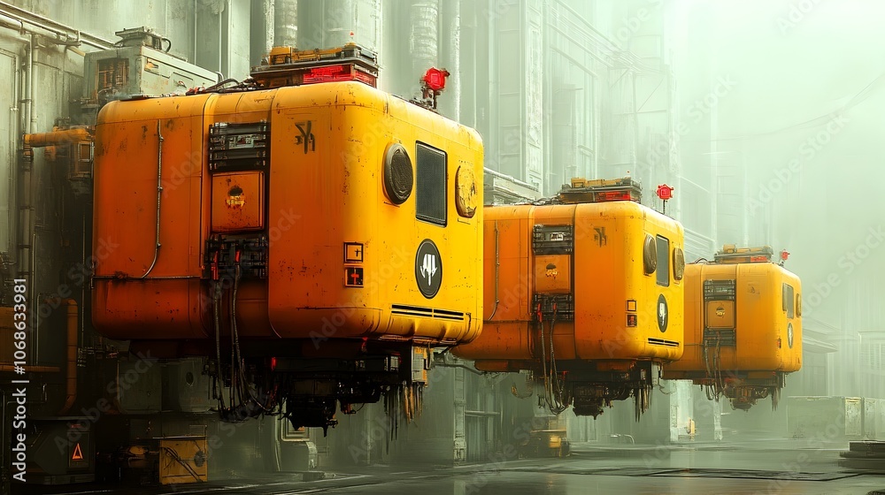 Robotic exoskeleton platforms autonomously transporting heavy industrial cargo and materials within a futuristic gritty and utilitarian warehouse facility Robotic exoskeleton platforms autonomously transporting heavy industrial cargo and materials within a futuristic gritty and utilitarian warehouse facility