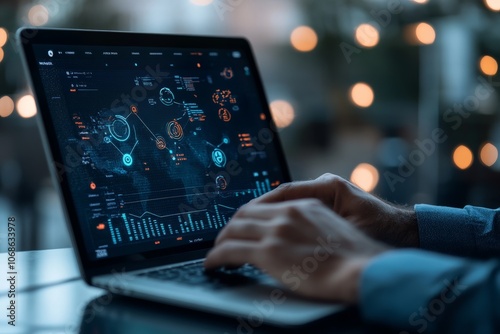 Hands are actively engaging with a laptop showing a futuristic digital data interface, symbolizing technology, innovation, and the future of data analysis.