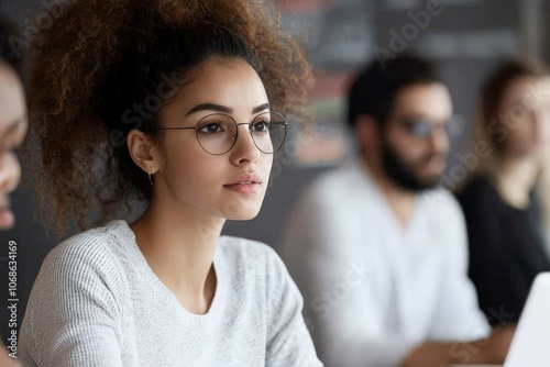 A young woman with glasses attentively listens during a business meeting, portraying focus, professionalism, and modern business dynamics. photo