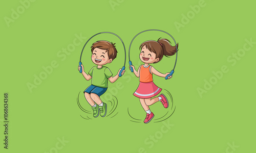 Happy kids skipping rope together with big smiles