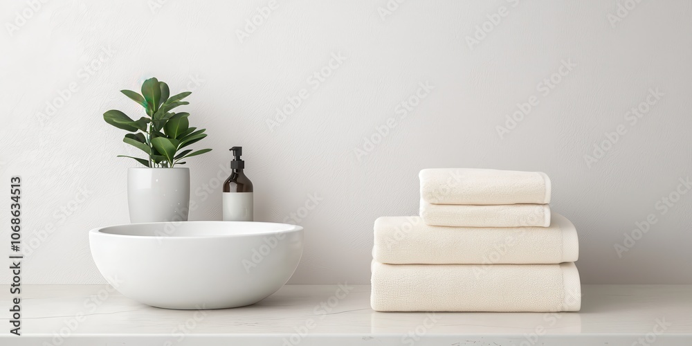 A minimalist bathroom scene featuring stacked towels, a plant, and a clean bowl, emphasizing tranquility and modern design. A minimalist bathroom scene featuring stacked towels, a plant, and a clean bowl, emphasizing tranquility and modern design.