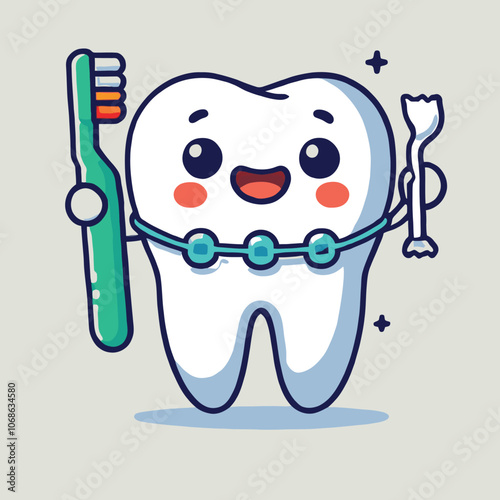 cute dental character wearing braces holding toothbrush and toothpaste