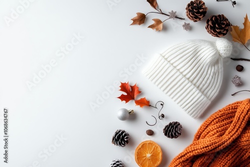 A cozy winter-themed arrangement featuring a white knitted hat, autumn leaves, pinecones, and other seasonal elements, evoking warmth and festive feelings. photo