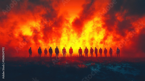 Silhouetted figures gather in a field against a vibrant fire backdrop at twilight, creating a dramatic and intense atmosphere