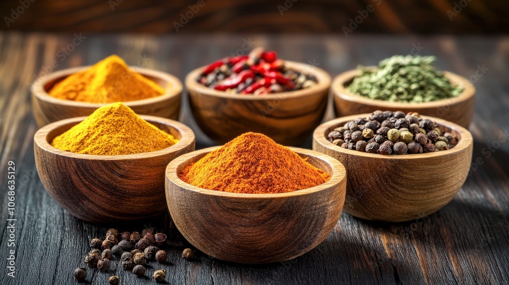 Colorful Spice Collection in Wooden Bowls: Red Chili Powder, Turmeric, Cardamom, Cinnamon, Mustard Seeds and Peppercorns. Colorful Spice Collection in Wooden Bowls: Red Chili Powder, Turmeric, Cardamom, Cinnamon, Mustard Seeds and Peppercorns.