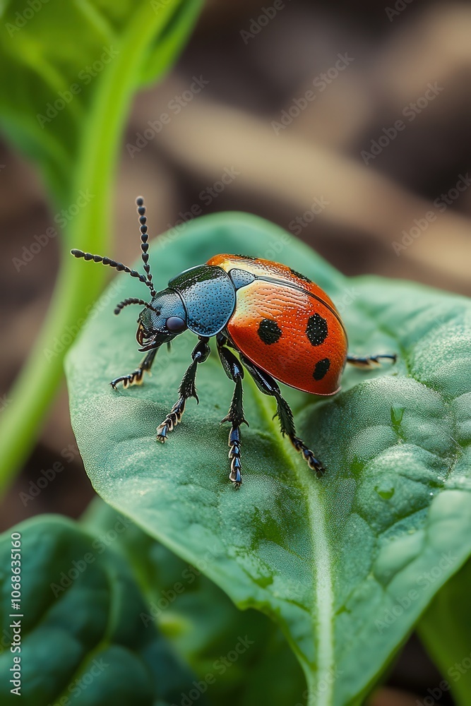 Fototapeta premium Vibrant Ladybug Perched on Green Plant in Serene Outdoor Setting