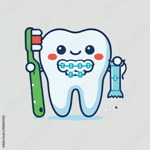 cheerful dental character wearing braces with a toothbrush