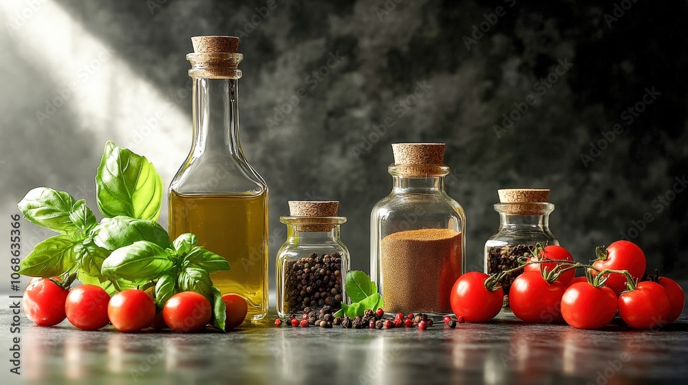 Culinary Ingredients and Fresh Herbs in a Kitchen Setting. Culinary Ingredients and Fresh Herbs in a Kitchen Setting.