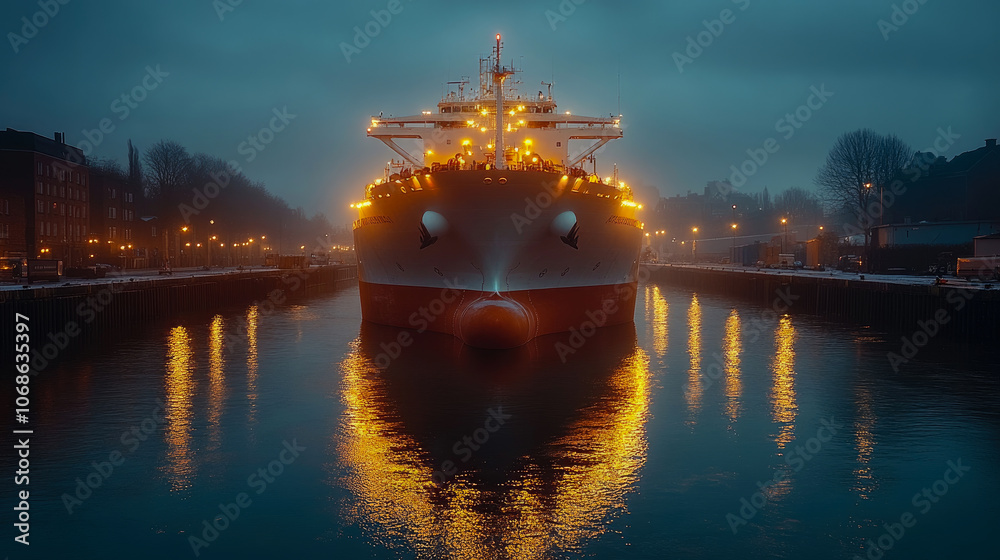 Fototapeta premium The ship rests peacefully in the harbor at night, its bright lights reflecting beautifully on the water's surface