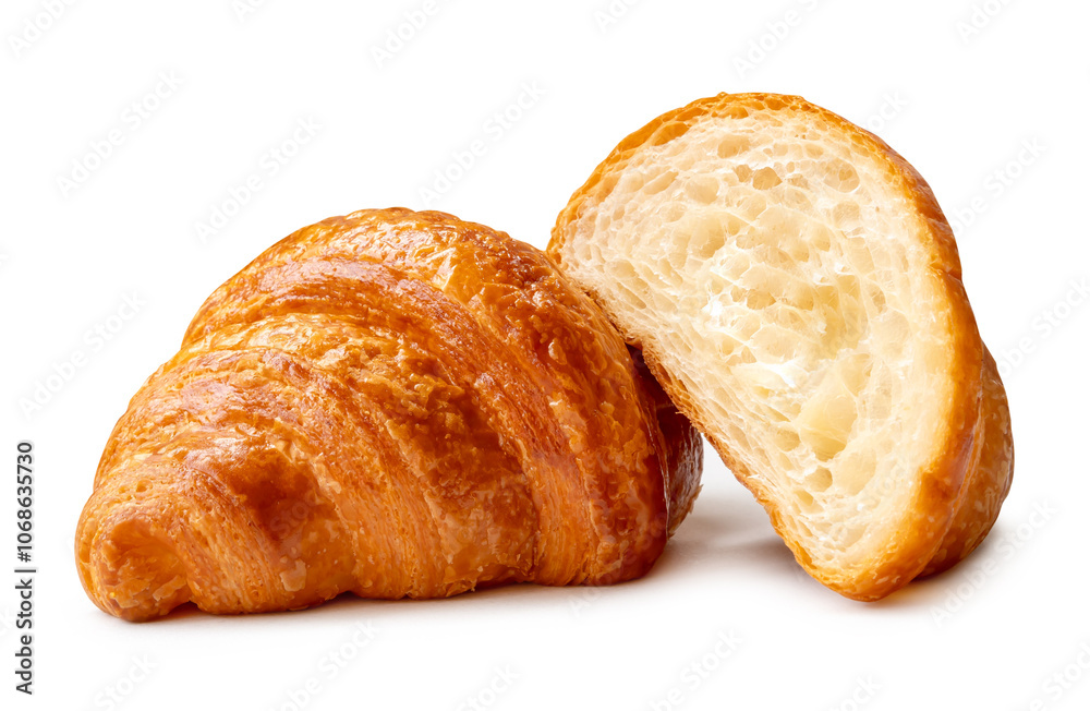 Delicious brown croissant with half in stack isolated on white background with clipping path Delicious brown croissant with half in stack isolated on white background with clipping path
