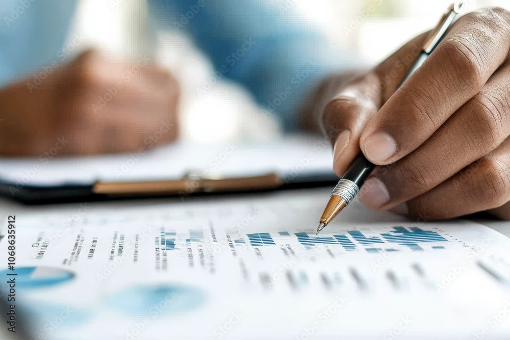 A professional hand writes on printed graphs with a pen, surrounded by statistical reports, representing analysis, concentration, and dedication in professional tasks. A professional hand writes on printed graphs with a pen, surrounded by statistical reports, representing analysis, concentration, and dedication in professional tasks.