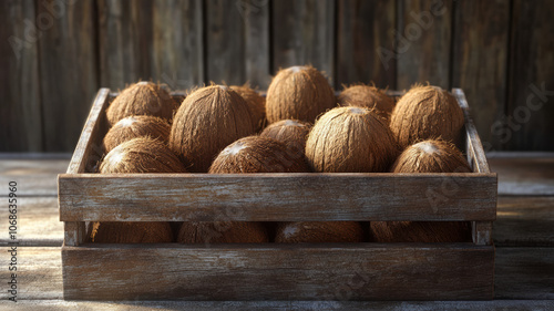 A box of ripe coconuts, their rough brown husks textured with natural pores, sitting together with their distinctive, hard exterior shells. photo