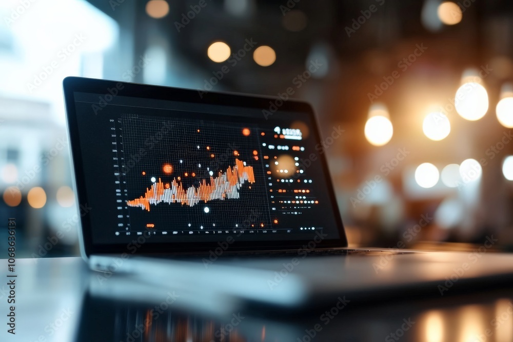 An open laptop displays a colorful graph of data trends, highlighting analytic insights with a background of lively bokeh lights, suggesting modern technology. An open laptop displays a colorful graph of data trends, highlighting analytic insights with a background of lively bokeh lights, suggesting modern technology.