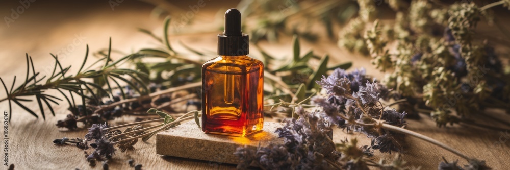 An advertising banner with an oil-filled dropper bottle mounted on a wooden surface. The bottle is surrounded by various fresh herbs and dried flowers, including sprigs of rosemary, thyme and yarrow. An advertising banner with an oil-filled dropper bottle mounted on a wooden surface. The bottle is surrounded by various fresh herbs and dried flowers, including sprigs of rosemary, thyme and yarrow.