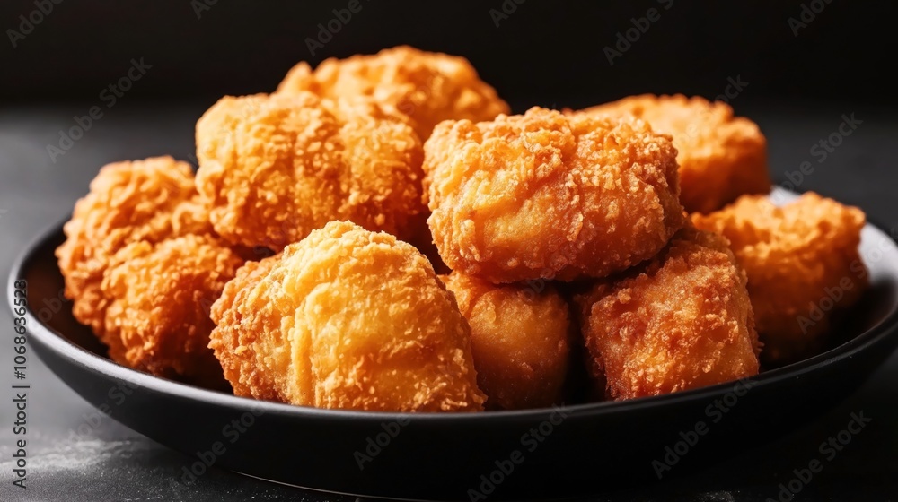 Close-up of a black plate filled with golden brown crispy fried chicken pieces against a dark background, showcasing texture and appetizing detail. Close-up of a black plate filled with golden brown crispy fried chicken pieces against a dark background, showcasing texture and appetizing detail.