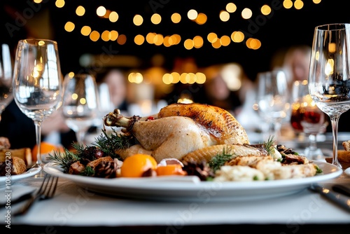 A beautifully roasted turkey takes center stage on a well-set dining table, surrounded by garnishes and festive lighting, evoking a holiday celebration atmosphere. photo