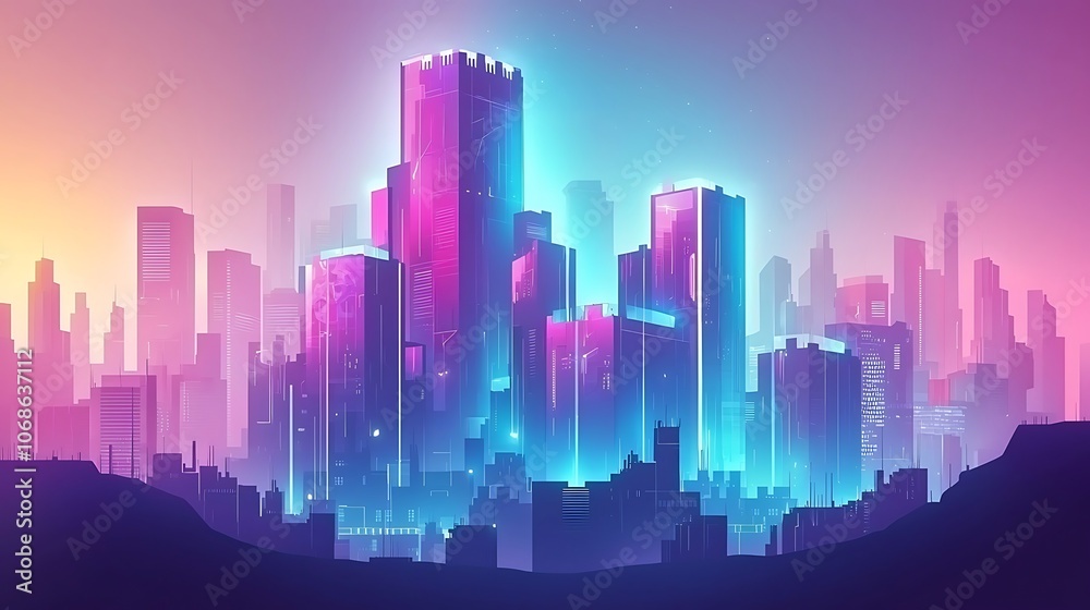 Neon Cityscape with Glowing Buildings at Sunset. Neon Cityscape with Glowing Buildings at Sunset.