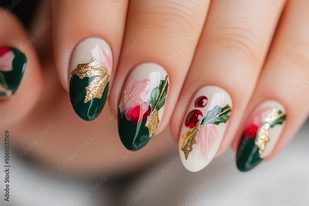 chic holiday manicure in green, red, and white, with matte finishes and detailed gold leaf and botanical art chic holiday manicure in green, red, and white, with matte finishes and detailed gold leaf and botanical art