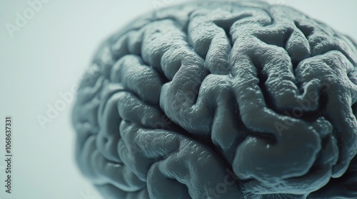Close-up of a human brain model displaying visible signs of aging with wrinkles and texture changes, ideal for educational and medical presentations, with ample white background copy space for text