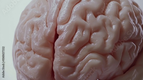 Close-up of a human brain model displaying visible signs of aging with wrinkles and texture changes, ideal for educational and medical presentations, with ample white background copy space for text