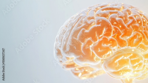 Close-up of a human brain model displaying visible signs of aging with wrinkles and texture changes, ideal for educational and medical presentations, with ample white background copy space for text