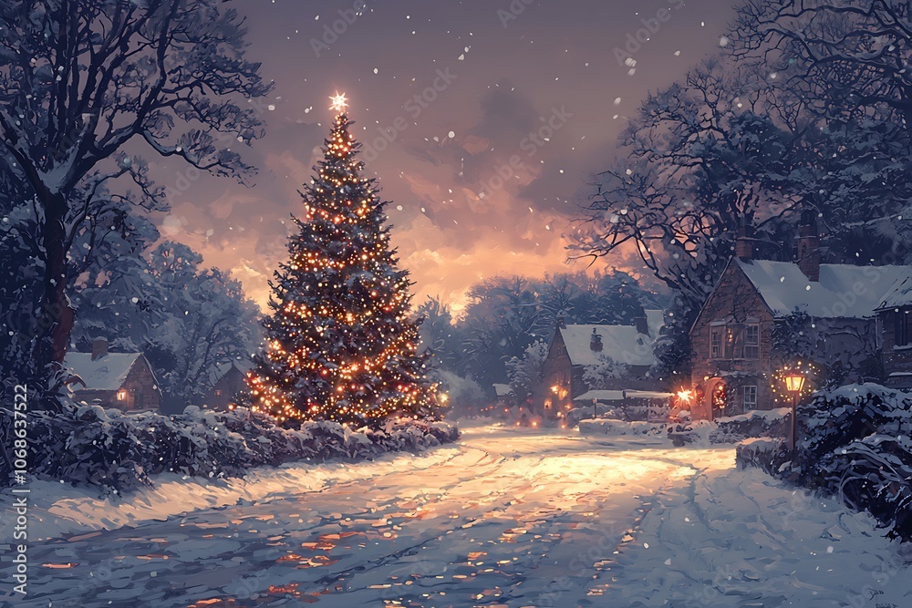 A cozy winter scene featuring a Christmas tree with twinkling lights, set against a backdrop of a quiet snowy street A cozy winter scene featuring a Christmas tree with twinkling lights, set against a backdrop of a quiet snowy street