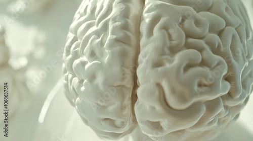 Close-up of a human brain model displaying visible signs of aging with wrinkles and texture changes, ideal for educational and medical presentations, with ample white background copy space for text