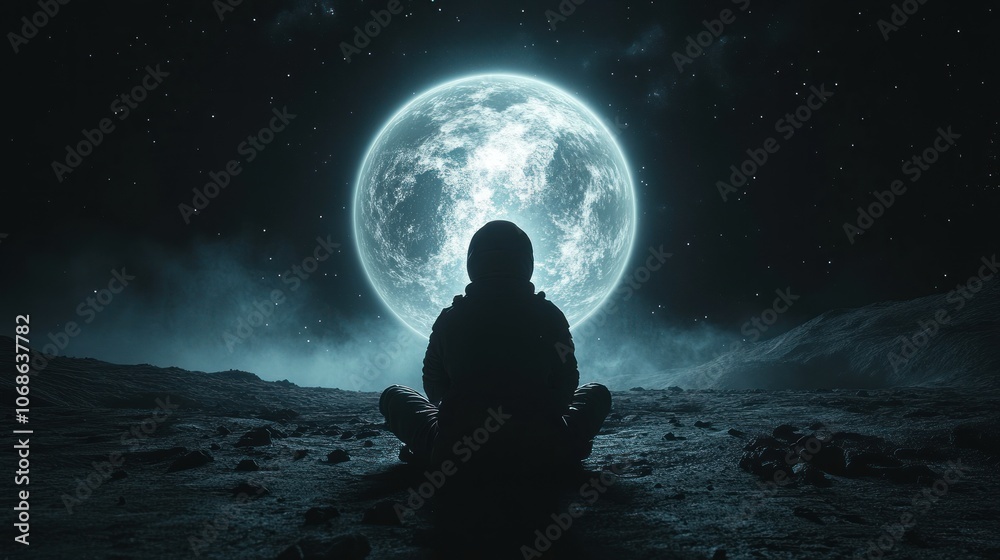 A lone astronaut meditating on a desolate alien planet under a luminous moon. A lone astronaut meditating on a desolate alien planet under a luminous moon.
