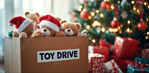 Christmas scene with plush bears in Santa hats in a box labeled "TOY DRIVE" with Christmas tree and gifts 