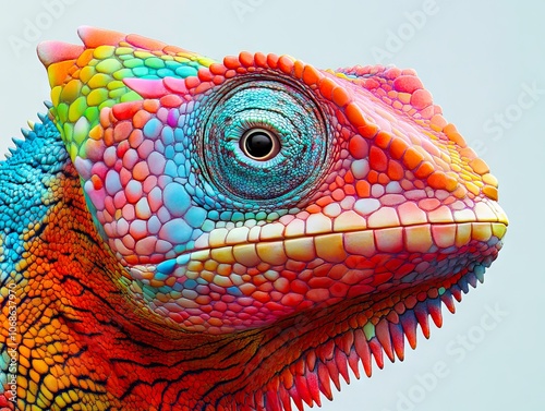 A close up of a colorful chameleon's face on a blue background photo