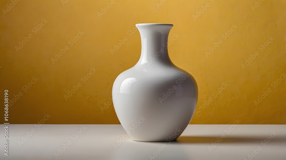 Empty white ceramic flower vase pot isolated on yellow background for home decor, interior design or creative art projects Empty white ceramic flower vase pot isolated on yellow background for home decor, interior design or creative art projects