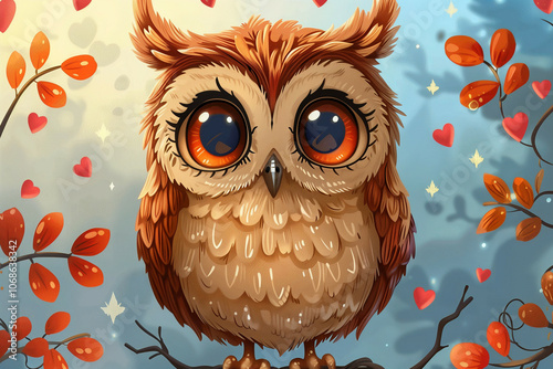 Charming Illustrated Owl with Large Eyes and Autumn Leaves, Floating Hearts and Soft Blue Background photo