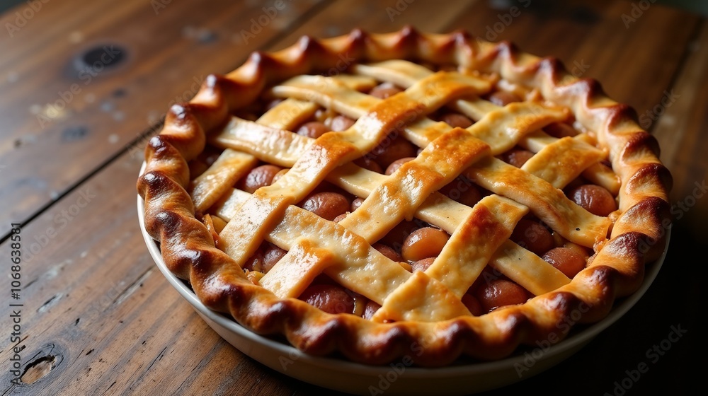 Freshly baked cherry pie cooling on a rustic wooden table, showcasing a golden brown lattice crust and vibrant red filling, perfect for dessert lovers during any season Freshly baked cherry pie cooling on a rustic wooden table, showcasing a golden brown lattice crust and vibrant red filling, perfect for dessert lovers during any season