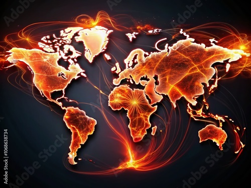 Stunning World Map on Black Background with Fiery Lines - Abstract Art for Travel and Adventure Enthusiasts, Global Exploration, and Modern Decor Inspiration