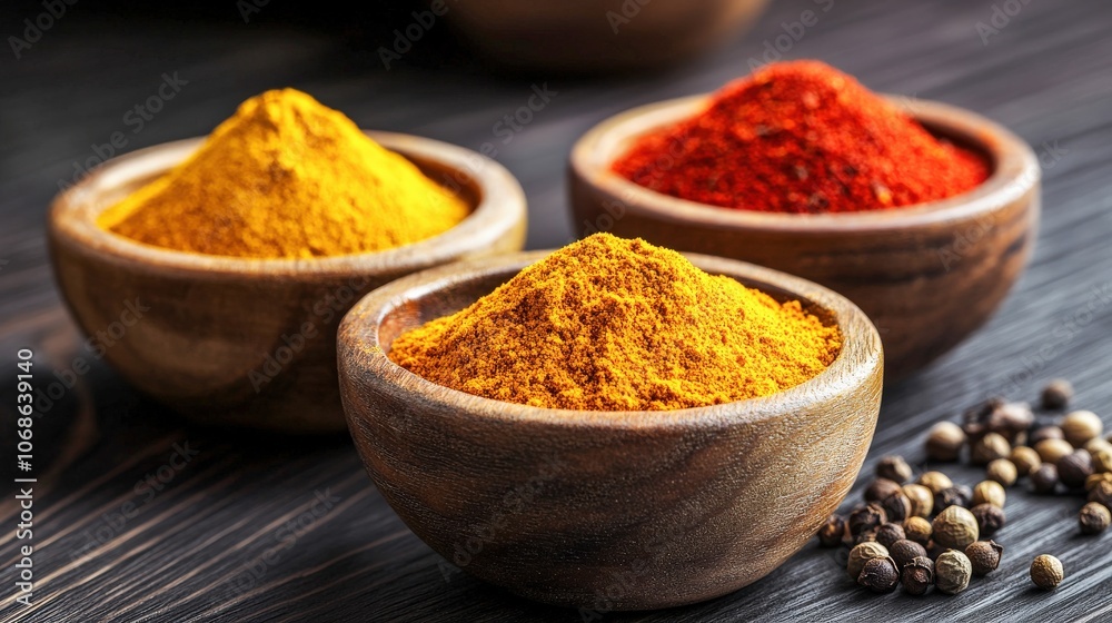 Turmeric Powder Bowls with Peppercorns and Wooden Surface. Turmeric Powder Bowls with Peppercorns and Wooden Surface.