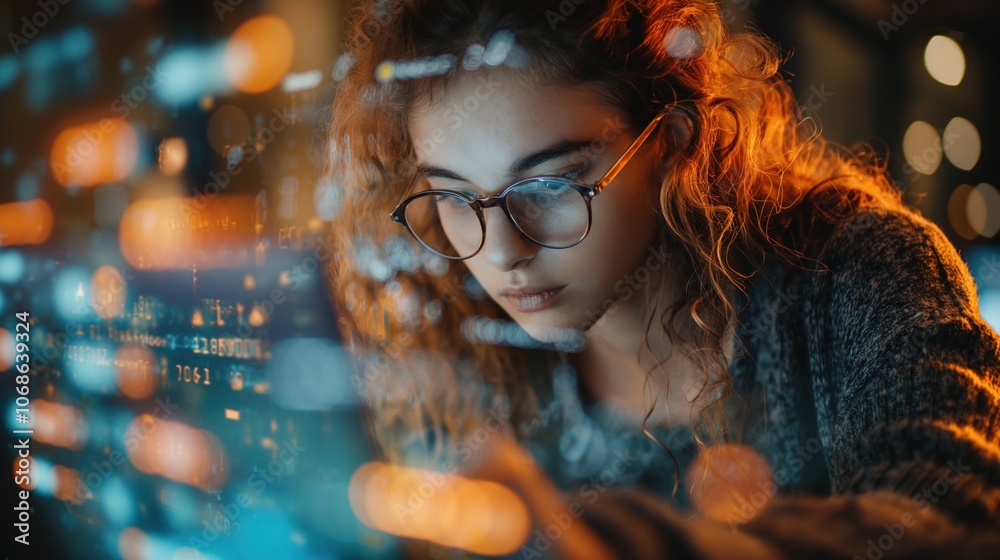 Woman in tech exploring futuristic technology and AI Woman in tech exploring futuristic technology and AI