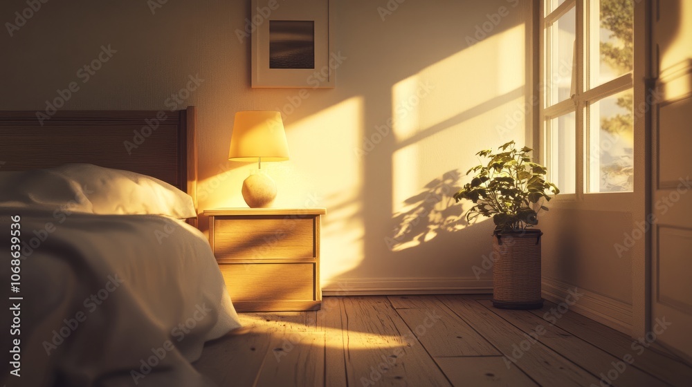 3D-rendered room with side lamps casting ambient light over simple furnishings, creating a serene and calming atmosphere 3D-rendered room with side lamps casting ambient light over simple furnishings, creating a serene and calming atmosphere