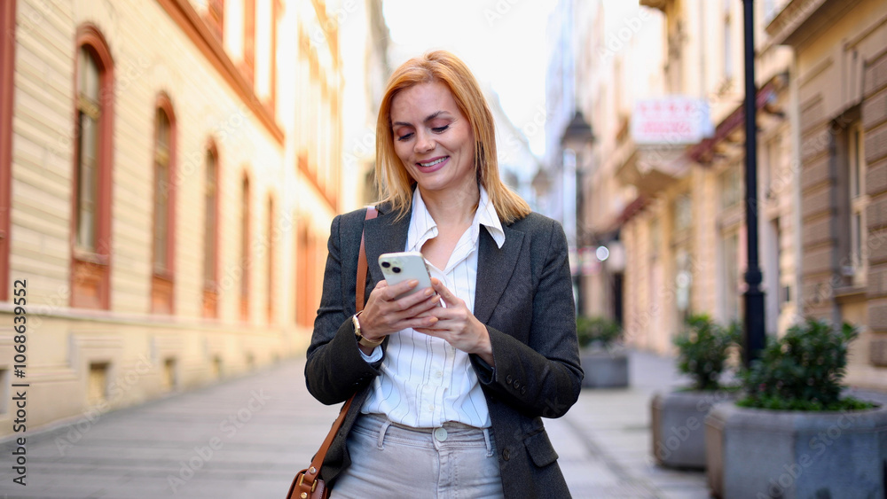 Fototapeta premium Beautiful woman walking through the city, using smartphone and enjoying