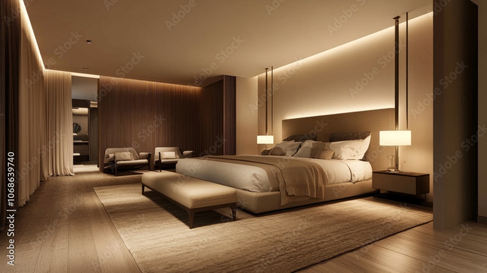 Cozy 3D-rendered room with corner floor lamps and neutral colors, offering warm, ambient lighting for a relaxing feel Cozy 3D-rendered room with corner floor lamps and neutral colors, offering warm, ambient lighting for a relaxing feel