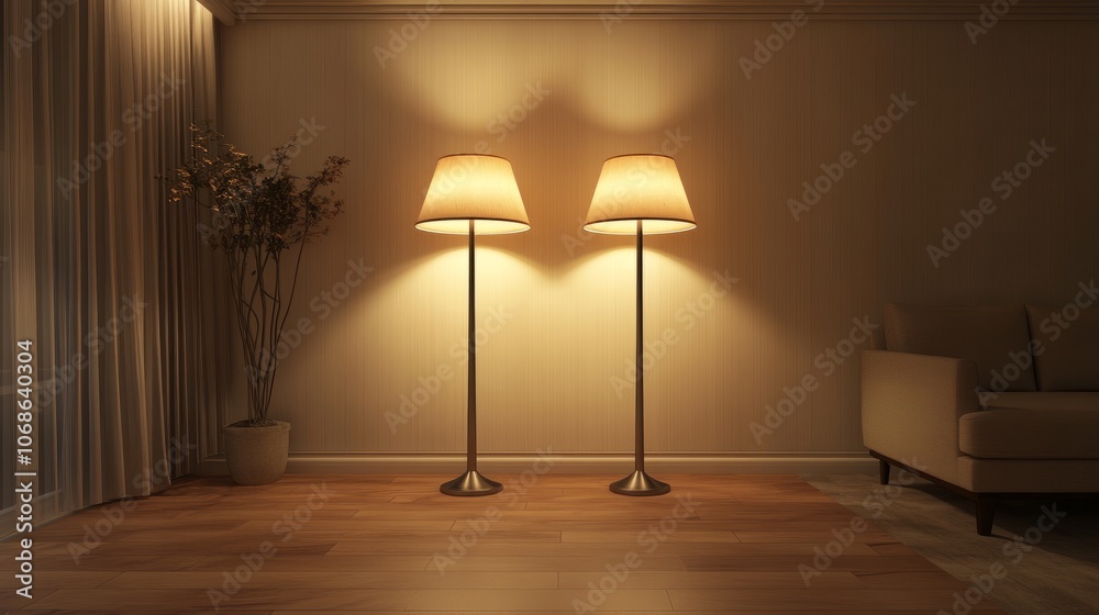 Modern 3D-rendered room with sleek floor lamps, neutral walls, and minimalist decor, creating a stylish, ambient lighting effect Modern 3D-rendered room with sleek floor lamps, neutral walls, and minimalist decor, creating a stylish, ambient lighting effect