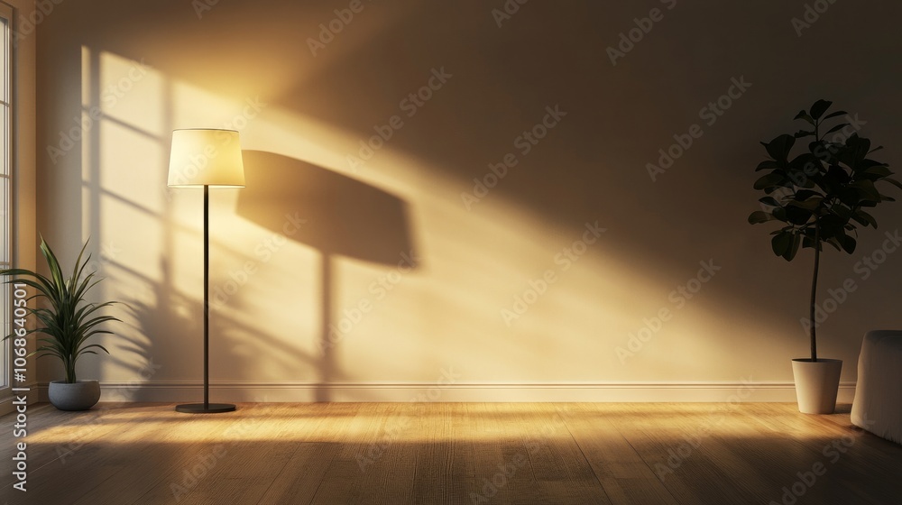 Modern, empty 3D room rendering with floor lamps casting subtle light across the floor and walls, creating ambient shadows Modern, empty 3D room rendering with floor lamps casting subtle light across the floor and walls, creating ambient shadows