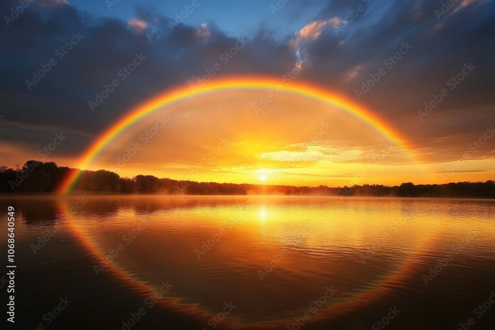 Serene Mountain Lake at Sunset with a Vibrant Rainbow Serene Mountain Lake at Sunset with a Vibrant Rainbow