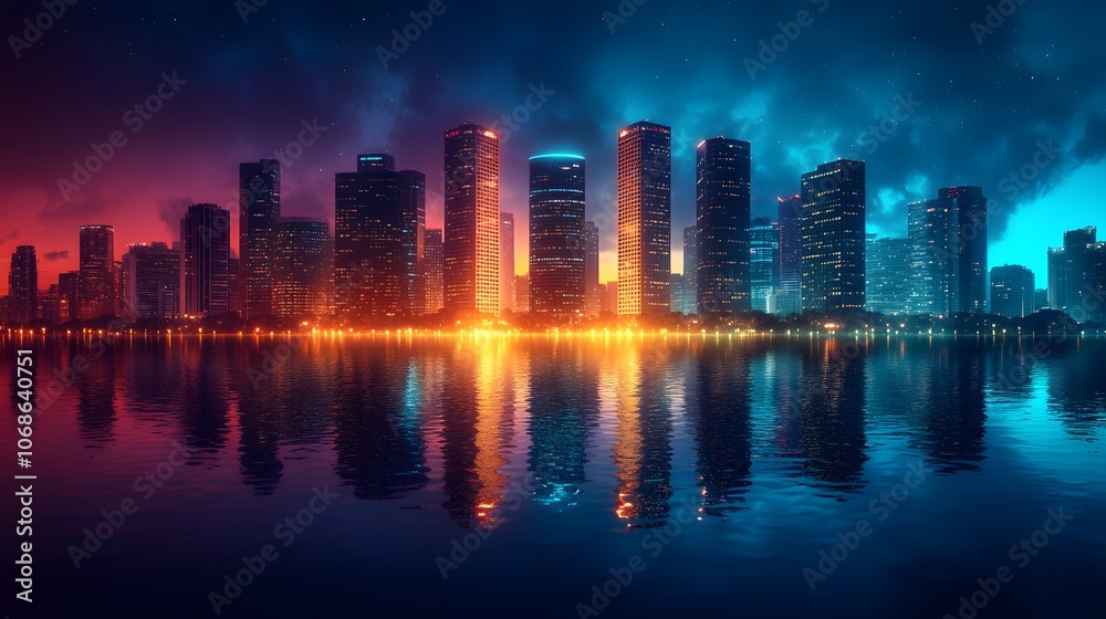 Fototapeta premium City skyline with colorful fireworks, night sky, festive New Year celebration, watercolor background