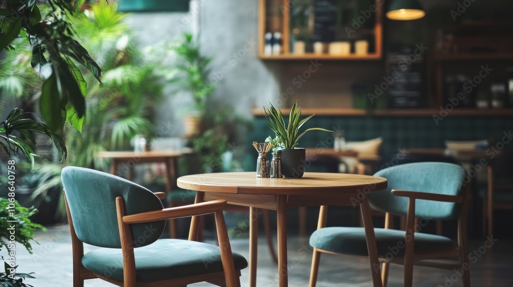 A cozy cafe interior with two chairs and a table in the foreground, with lush greenery and natural light. A cozy cafe interior with two chairs and a table in the foreground, with lush greenery and natural light.