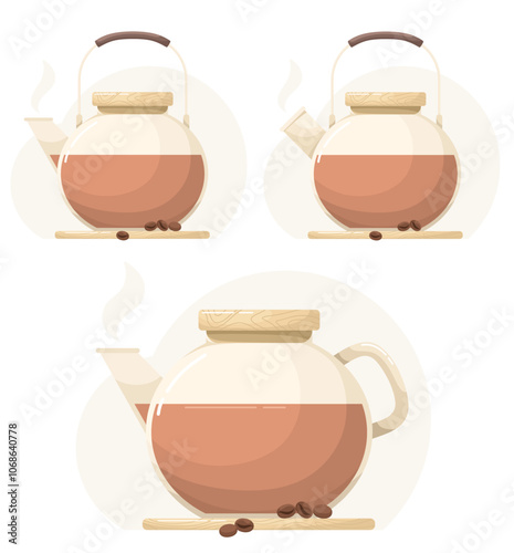 Glass coffee pots with coffee. Drink in tableware, flat style.