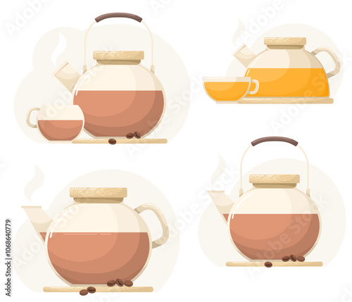 Coffee pots and glass teapots with coffee and sea buckthorn tea. Flat isolates of dishes with drinks.